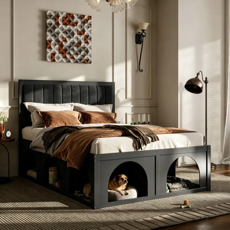 Queen Size Pet-Friendly Platform Bed with Under-Bed Nook, Heavy Duty Bed Frame, Black
