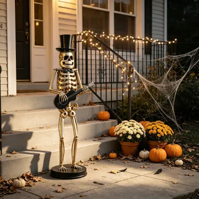 Metal Skeleton Musician Statue, 64.6 Inch Standing Guitar Player Skeleton with Top Hat & Bow Tie, Large Metal Halloween Skeleton Decorations for Indoor, Outdoor Yard & Party Display