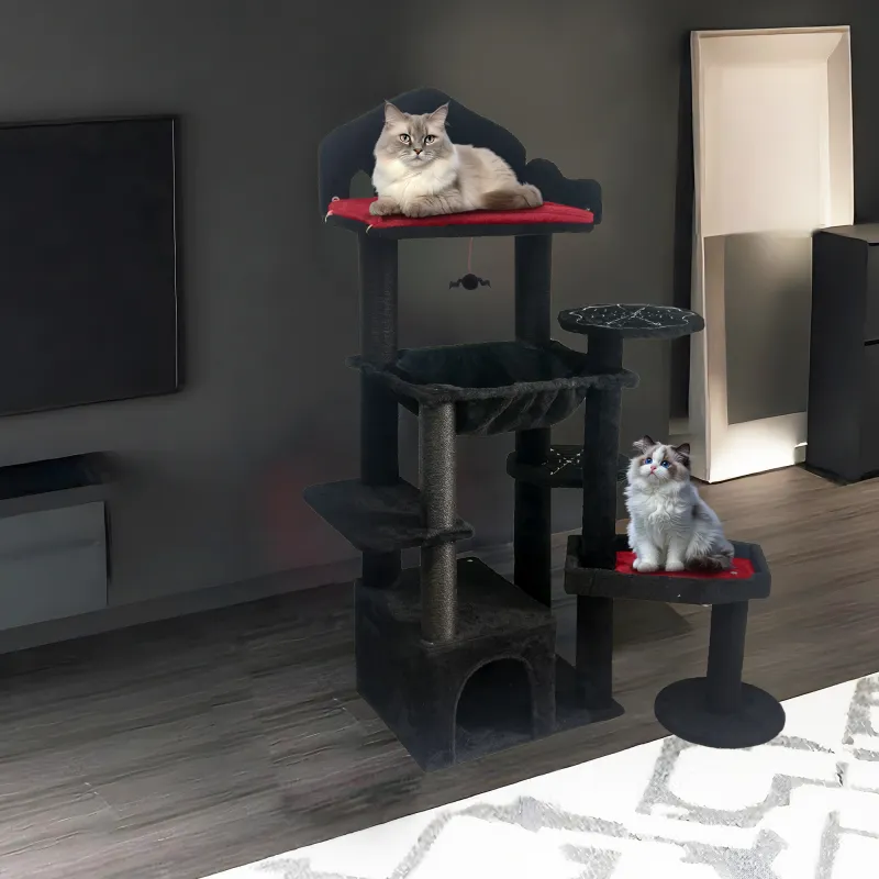 Black Gothic Cat Tree, Multi-Level Spooky Cat Tree with Scratching Posts, Perches, Hammock, and Cat Cave - Black Cat Tower for Indoor Cats with Interactive Toy, Perfect for Multiple Cats 58in