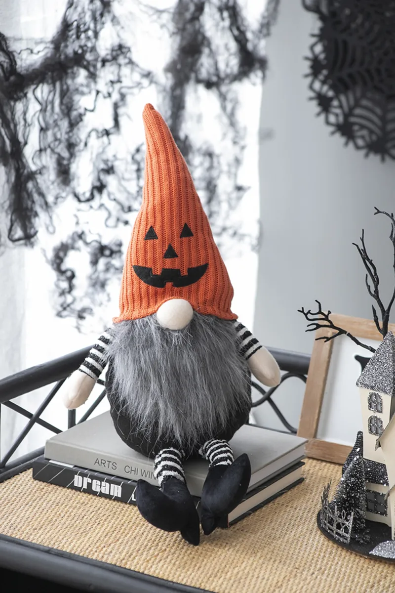 Set of 2, 8.3x4.7x23.5" Fabric Sitting Gnome with Orange Knit Hat, for Halloween Decor
