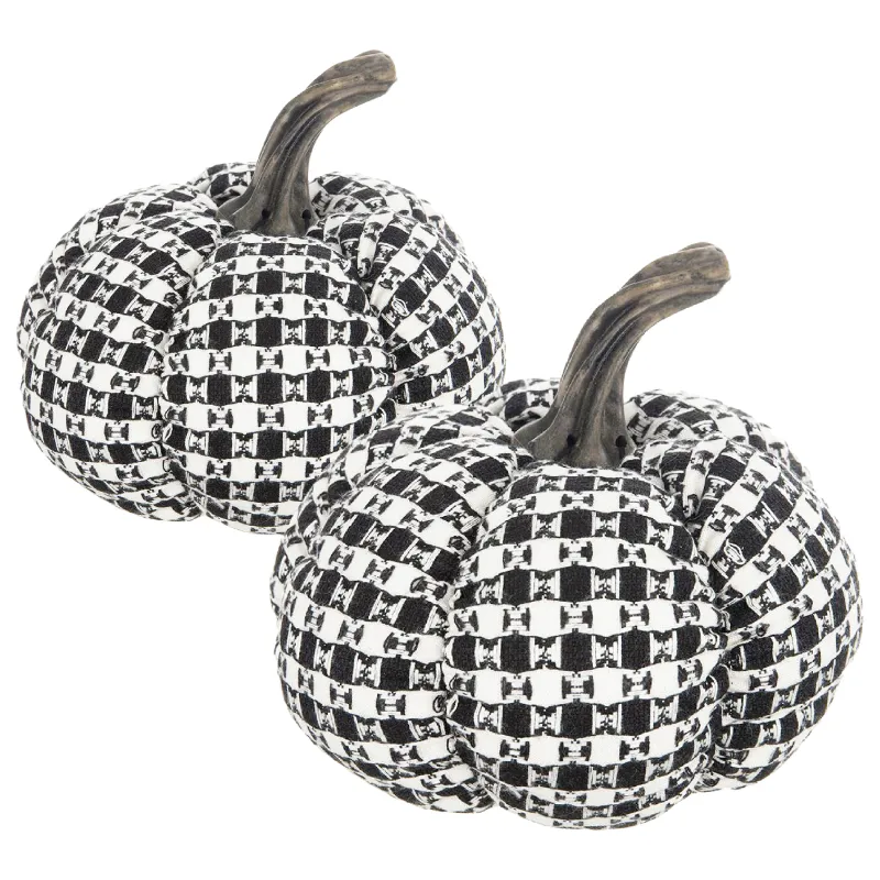 Set of 2, 7x7x6.7" Fabric Black-White Plaid Pumpkin Decor, for Holiday Halloween Decoration