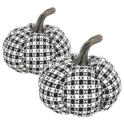Set of 2, 7x7x6.7" Fabric Black-White Plaid Pumpkin Decor, for Holiday Halloween Decoration