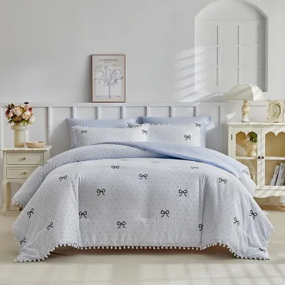 Light Blue Polka Dot Bow Pom Pom Trim Microfiber Duvet Cover Set 2-3 Pcs