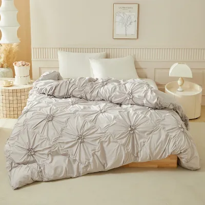 Grey Microfiber Duvet Cover Set, Diamond Texture Pinched Flower Bedding Set