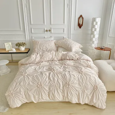 2-3 Pcs Microfiber Duvet Cover Set with Soft Diamond Ruched Flower Texture