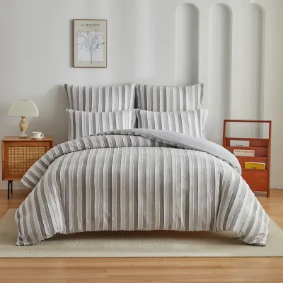 2-3 Pcs Microfiber Duvet Cover Set with Clipped Vertical Stripe Texture, Soft & Smooth