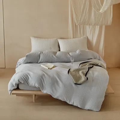 Minimalist Vertical Stripe Textured Duvet Cover Set, Breathable Microfiber All Season Bedding