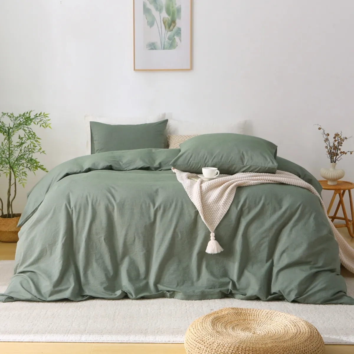 Washed cotton duvet cover bedding set, solid simple color, suitable for Queen and King beds