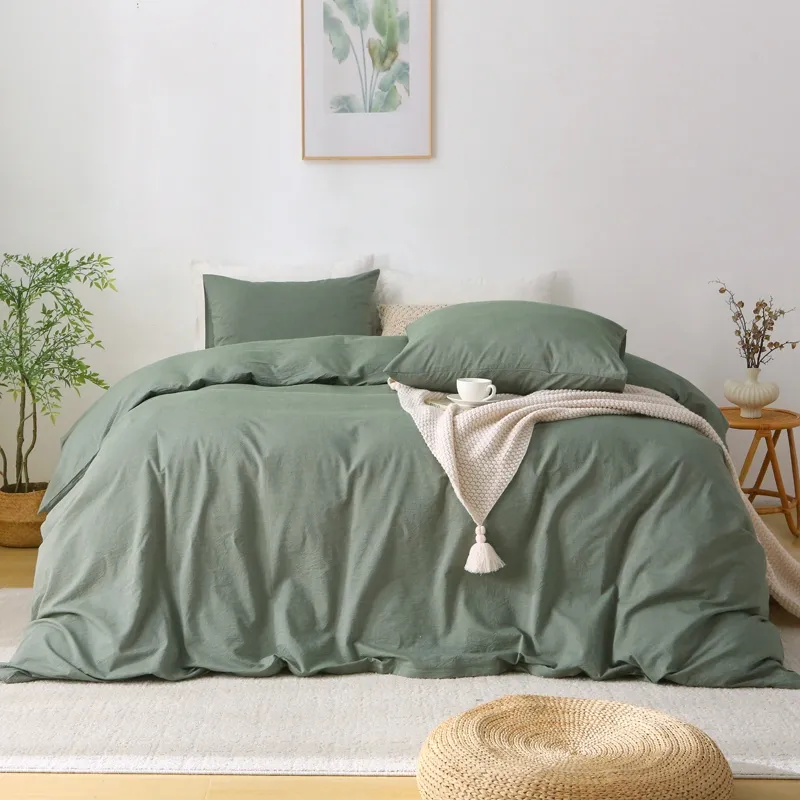 Washed cotton duvet cover bedding set, solid simple color, suitable for Queen and King beds