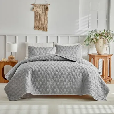 Gray Diamond-Stitched Ultrasonic Quilted Microfiber Coverlet Set with Scalloped Edges