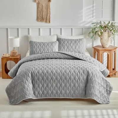 Gray Diamond-Stitched Ultrasonic Quilted Microfiber Coverlet Set
