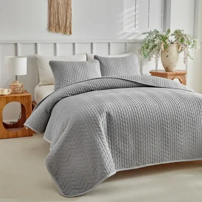 Gray Diamond-Stitched Ultrasonic Quilted Microfiber Coverlet Set with Chevron Reverse