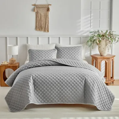 Gray Diamond Quilted Microfiber Coverlet Set with Scalloped Edges