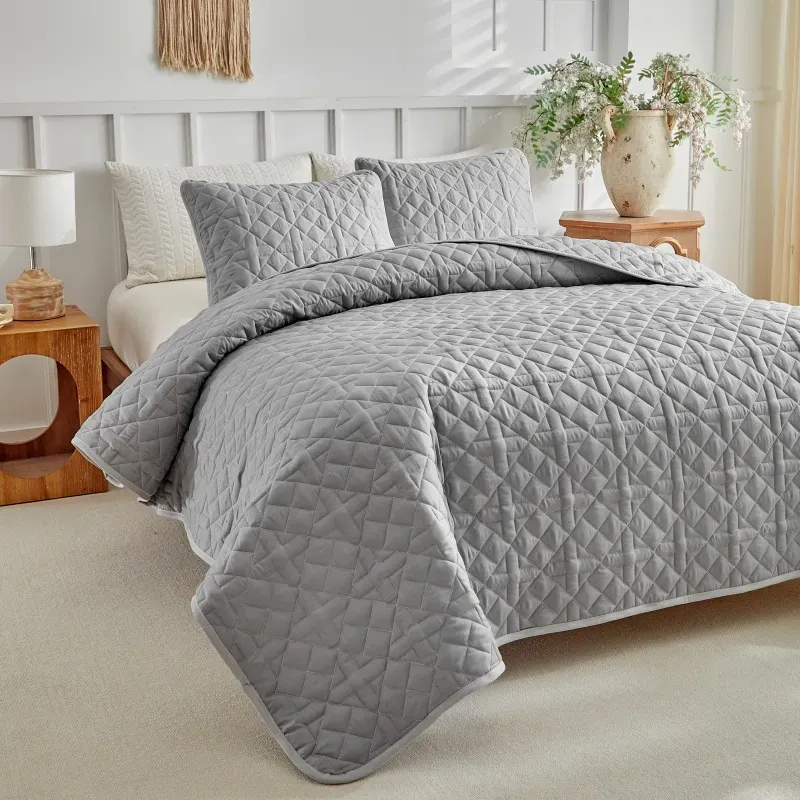 Gray Diamond Quilted Microfiber Coverlet Set with Matching Shams