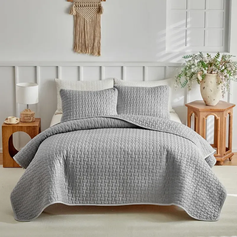 Gray Basketweave Ultrasonic Quilted Polyester Coverlet Set with Scalloped Edges