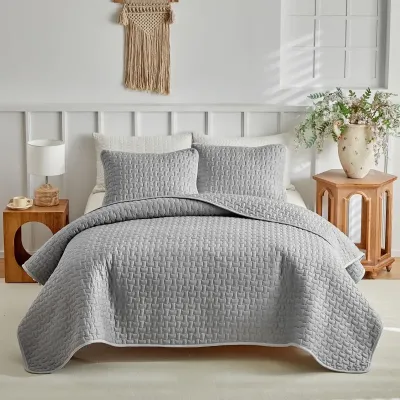 Gray Basketweave Ultrasonic Quilted Polyester Coverlet Set with Scalloped Edges