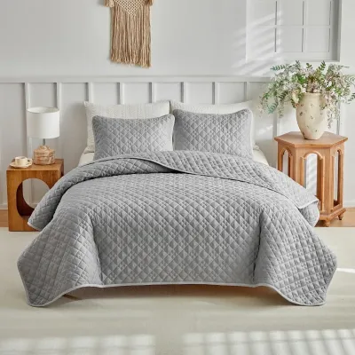 Gray Diamond Quilted Microfiber Coverlet Set with Contrast Piping