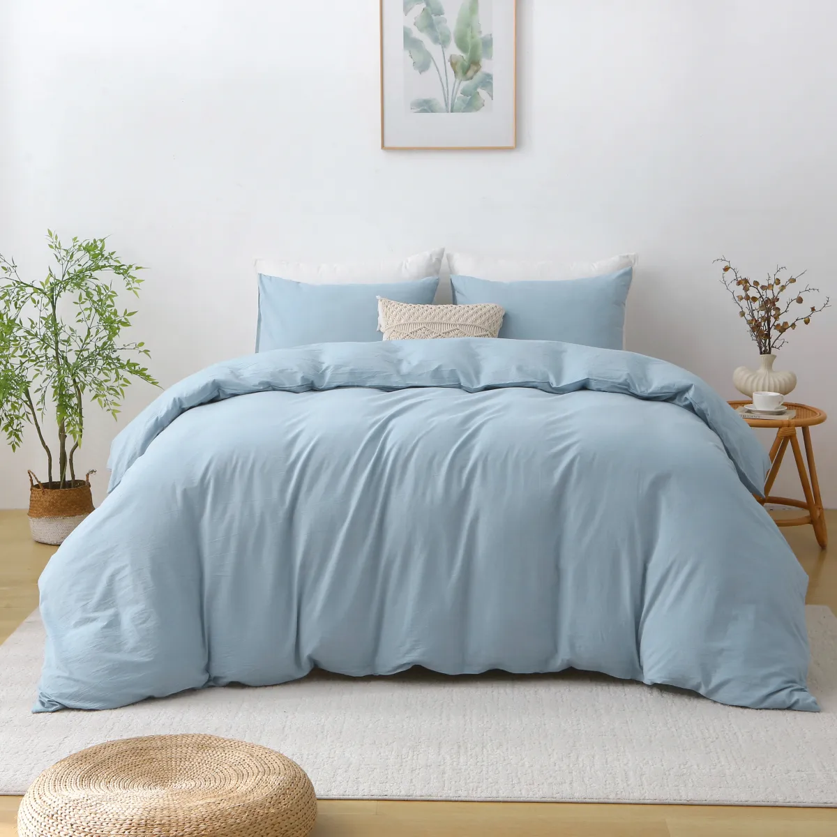 Light Blue 3 Pcs Cotton Duvet Cover Set with Stays Soft And Wrinkle-Resistant After Washing