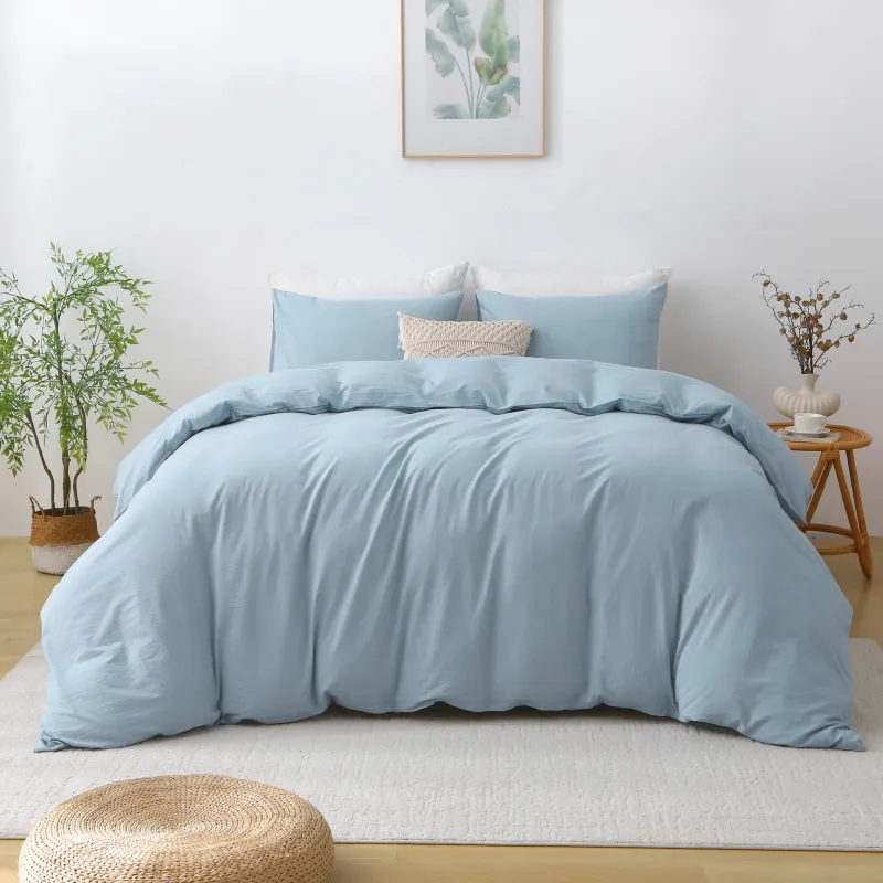 Light Blue 3 Pcs Cotton Duvet Cover Set with Stays Soft And Wrinkle-Resistant After Washing