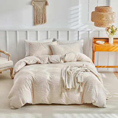 Khaki 2-3 Pcs Microfiber Duvet Cover Set with Clipped Embroidery Irregular Arc Texture